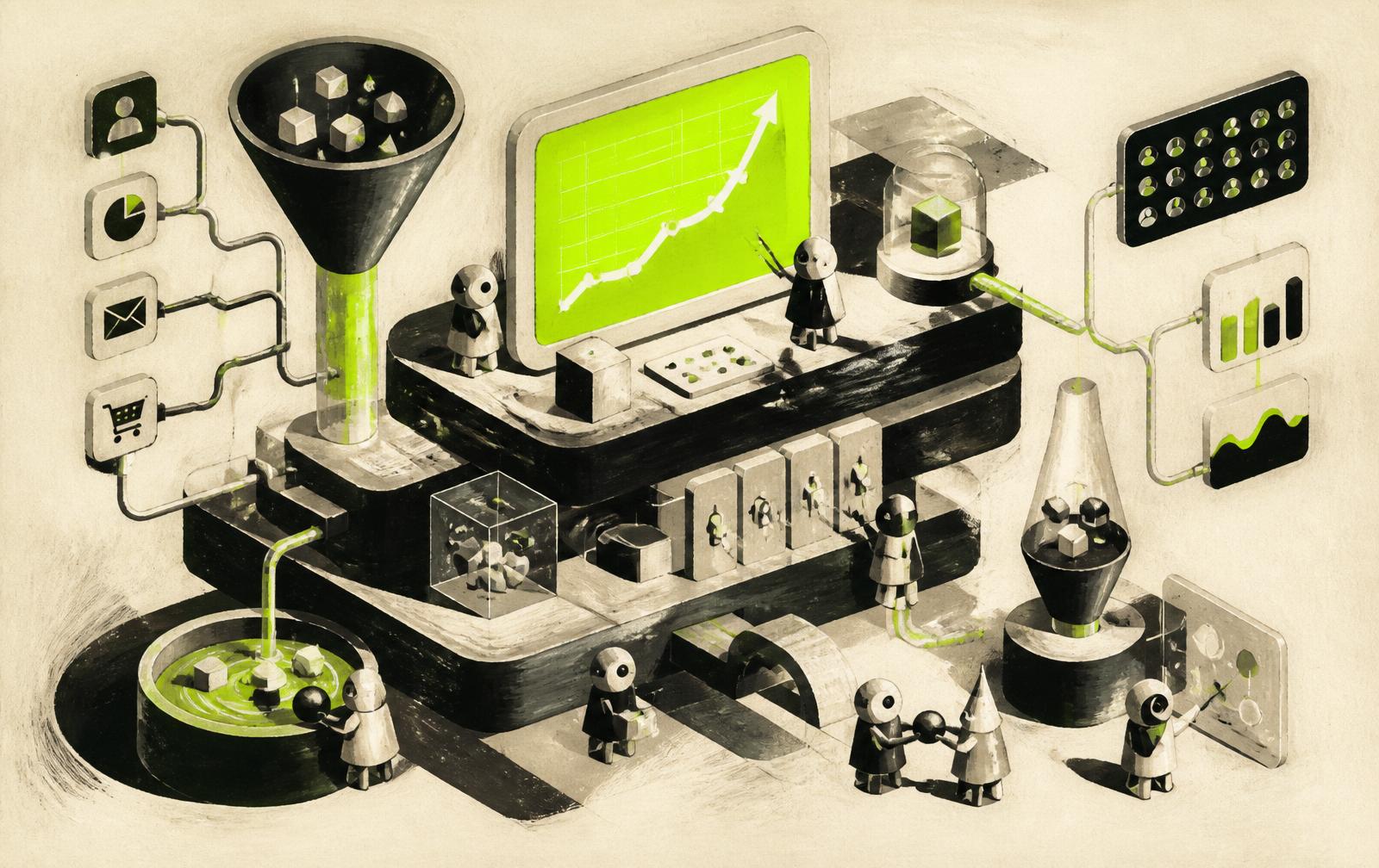 Illustration of an isometric workspace with a glowing lime screen